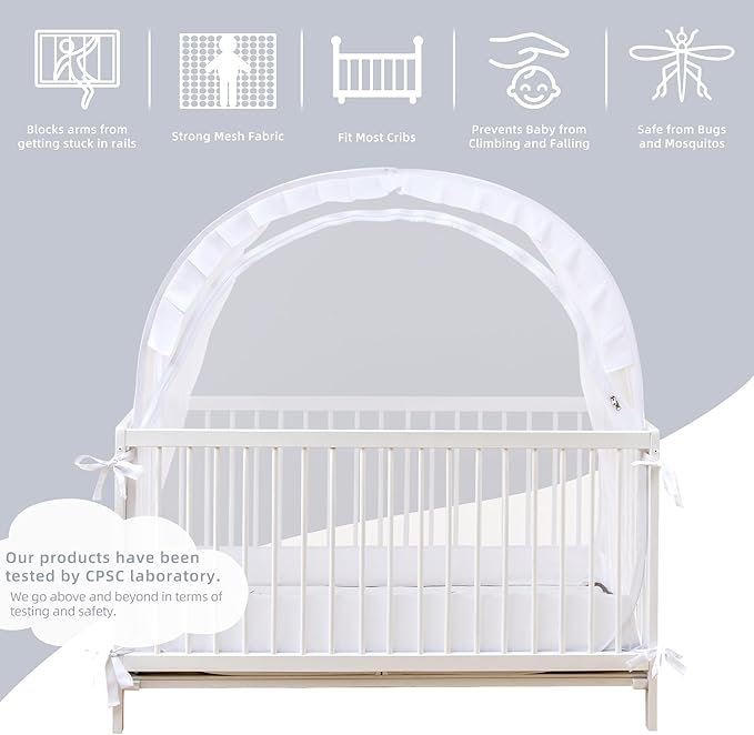 Lazyzzzz Crib Tent - Pop Up Crib Canopy with Double Zipper Self-Locked,1200 Holes/Inch Mesh Crib Net to Keep from Climbing Out, Portable Easy Install Mosquito Net 55" L x 27" W x 51" H White