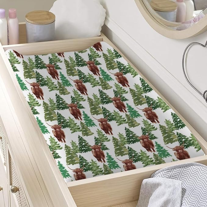 Highland Cows Christmas Pine Trees Changing Pad Cover Yak Winter Forest Diaper Changing Pad Cover Sheets for Boys Girls Soft Stretch Fitted Diaper Change Table Mats Covers 32''x16''