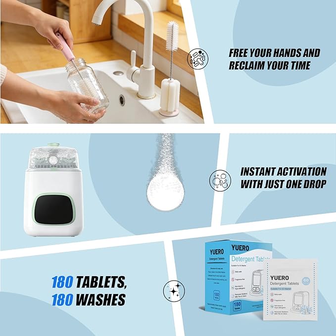 Professional Deep Cleaning Detergent Tablets for All Baby Bottle Washers, Washer Tablets for Bottle Washer and Sterilizer and Dryer, Easy to Use (180Pcs)