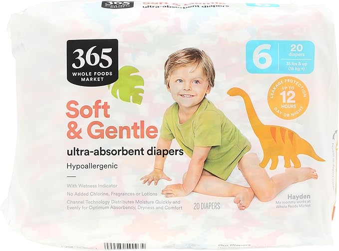 365 by Whole Foods Market, Soft & Gentle Size 6 Diapers with Wetness Indicator, Ultra-Absorbent, Hypo-Allergenic, Ultra-Absorbent, 20 Count
