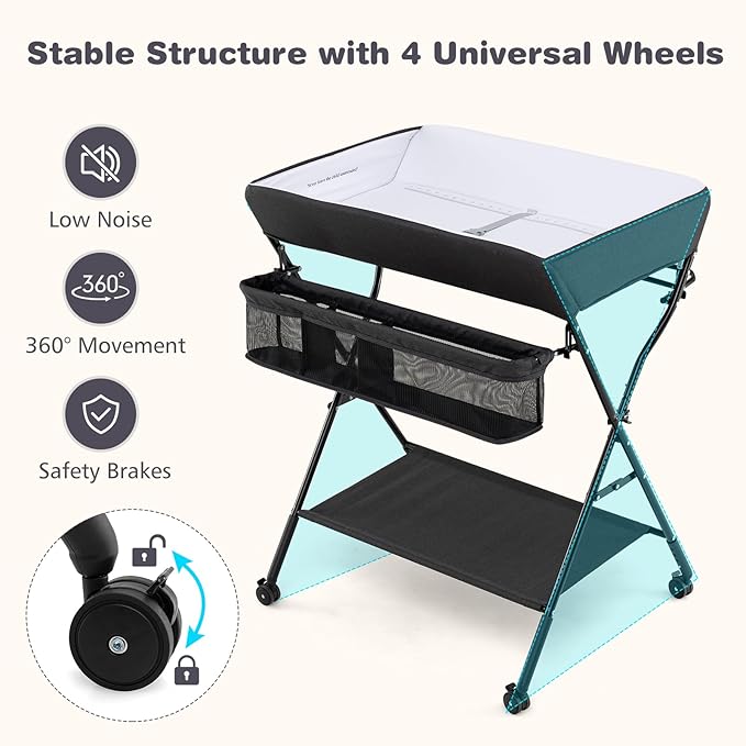 INFANS Baby Changing Table with Wheels, Portable Folding Diaper Station Nursery Organizer with Storage Basket, Hanging Rack, Adjustable Height, Safety Belt for Newborn Infant (Black)