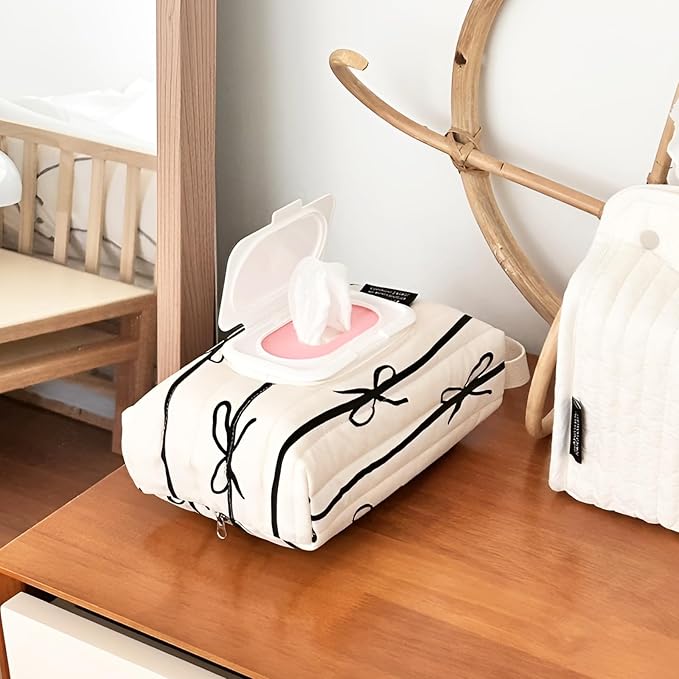 Reusable Bow Baby Wipes Dispenser - Portable Wet Tissue Storage Bag for Travel, Refillable Diaper Wipe Holder for Car and Stroller –Hanging Wet Wipe Pouch(White/Black)