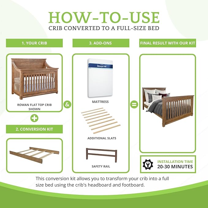 Full-Size Conversion Kit Bed Rails for Baby Appleseed and Eco-Chic Convertible Cribs - Solid Wood Rail - Toddler & Adult Bed Rail for Full-Size Beds - Nursery & Baby Furniture (Sandwash, Hook-On Kit)