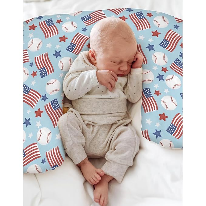 American Flag Baseball Baby Nursing Pillow Covers for Boy Girl 4th of July Baseballs Stars Nursery Pillowcase for Breastfeeding Pillows Patriotic Sports Soft Stretchy Slipcovers for Newborn Infant