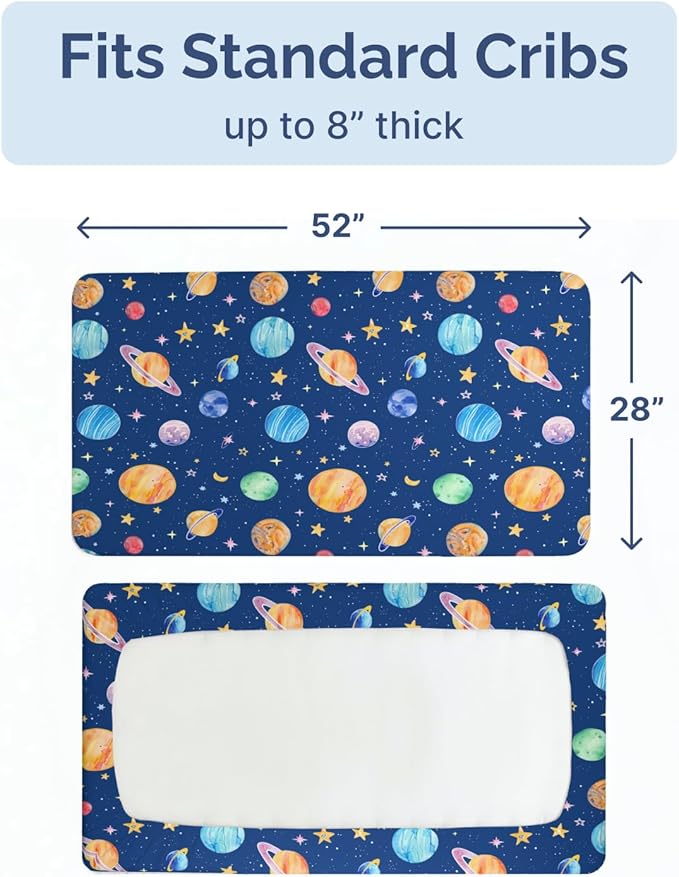 Baby Crib Sheets for Boys & Girls - Pack of 2 Fitted Microfiber Crib Sheets for Standard Crib & Toddler Mattress - Soft, Breathable & Wrinkle Free - Machine Washable, Oeko Tex - 52x28x8in - Planets