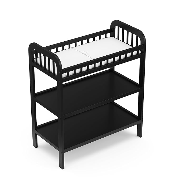 Storkcraft Pasadena Changing Table with Water-Resistant Changing Pad (Black) - GREENGUARD Gold Certified, Includes Bonus Water-Resistant Changing Pad with Safety Strap, 2 Open Shelves