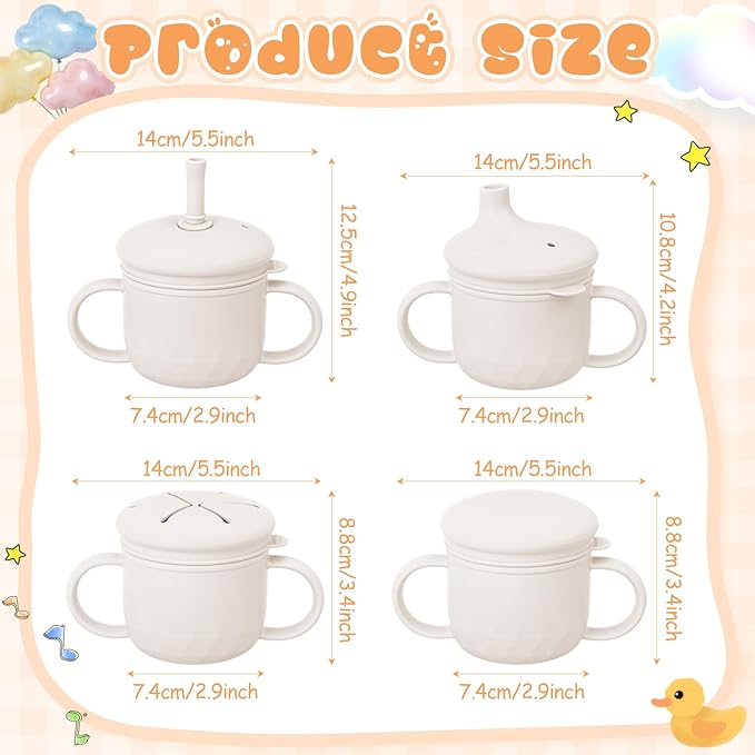 8 oz 3 in 1 Silicone Baby Sippy Cups & Snack Cups with Lid Straw for Toddlers 1-3 Spill Proof Stainless Steel Snack Containers Food Catcher for Baby Toddler Drinking Training(Beige)