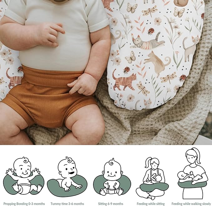 Cute Cat Boho Floral Leaves Baby Nursing Pillow Covers for Boy Girl Kittens Meadow Butterflies Nursery Pillowcase for Breastfeeding Pillows Cats Lover Gift Soft Stretchy Slipcovers for Newborn Infant