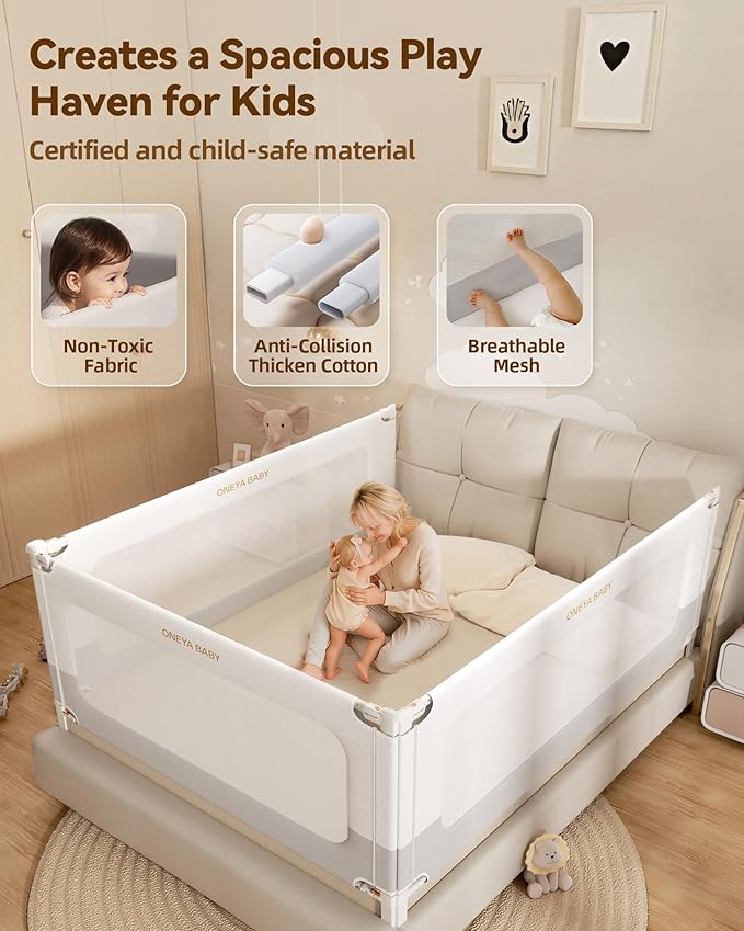 3 Piece Full Size Bed Rails for Toddlers, No-drill Needed Baby Bed Rail Guard with Height Adjustable, Thickened & Reinforced Child Safety Side Railing Guards/Bedrail for Kids,White/Grey, 54x74.8x74.8”