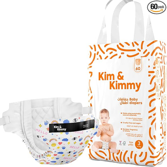 Kim & Kimmy Eco Diapers, Size 3, 13-24 lbs, 60 Diapers - 12 Hour Leak Protection, No Rashes, Hypoallergenic, Ultra-Soft & Highly Absorbent - Cruelty Free & Vegan - Funny Icons