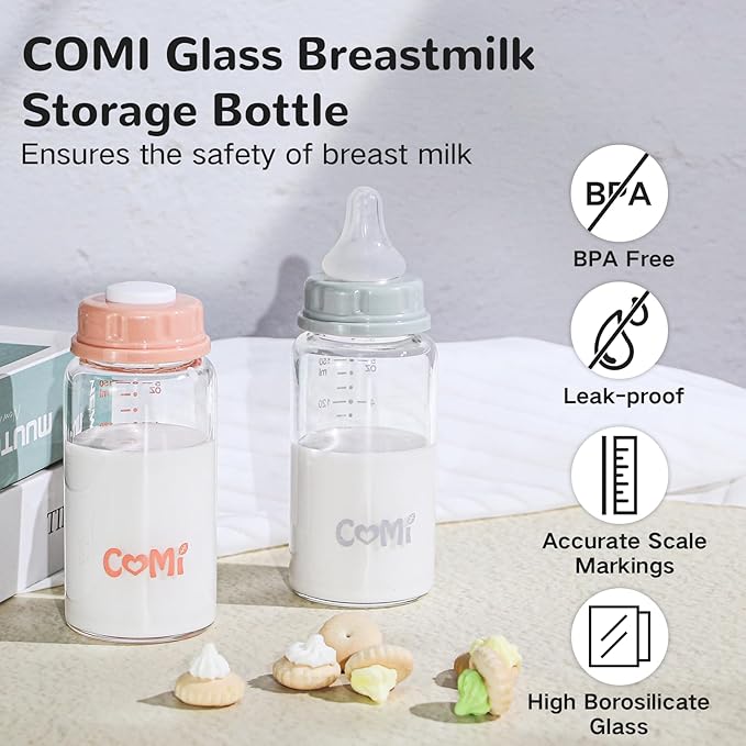 COMI Natural Glass Baby Bottle,Breastmilk Storage Bottle for Fridge,Breast Milk Container,Breast Pump Bottle Compatible with Medela Breast Pump,BPA Free,2PCS (5oz,2 Gray Lids)