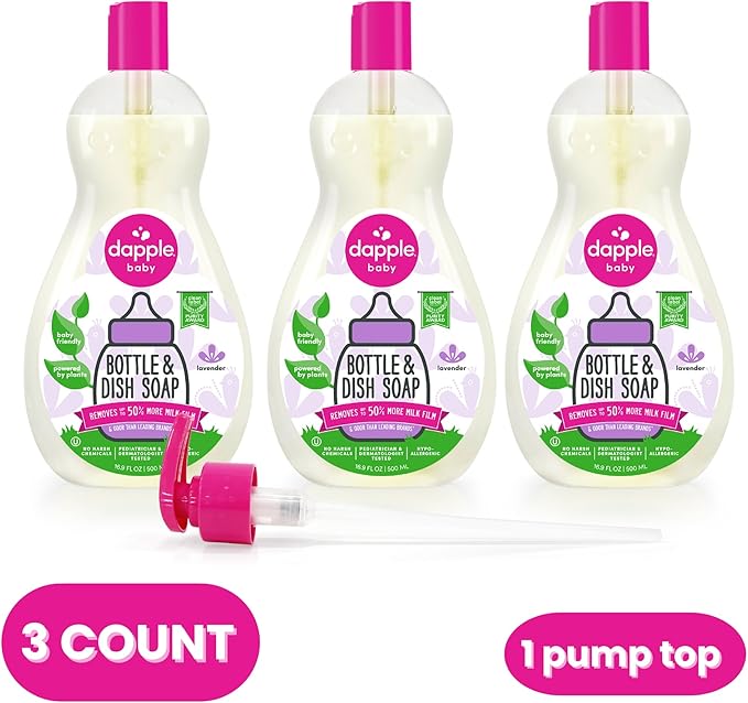 Dapple Baby Lavender Baby Bottle & Dish Soap - (3 Pack) 16.9 fl oz - Plant-Powered Dish Soap for Bottles, Pump Parts, and Sippy Cups - Includes 1 Pump