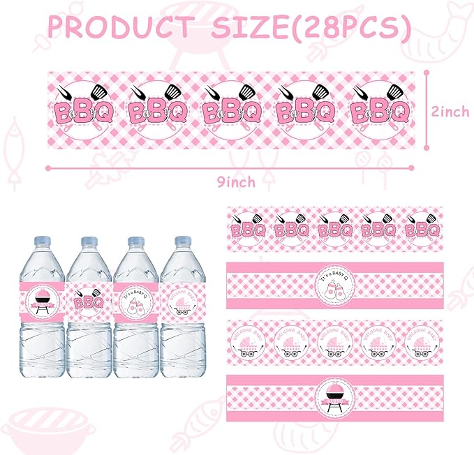 24PCS BBQ Baby Shower Water Bottle Labels, Barbecue Baby Shower Waterproof Self Adhesive Water Bottle Labels for Cookout BBQ Babyq Shower Decorations Girl Pink