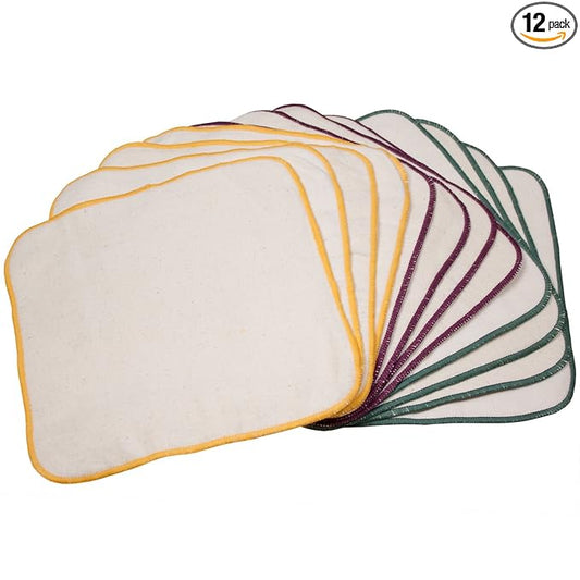 OsoCozy Terry Flannel Baby Wipes. Two Layered. Terry Velour on a Flannel Backing. Unbleached Ivory Color, 100% Cotton. 3 Attractive Stitching Colors Per Pack - 12 per Pack.