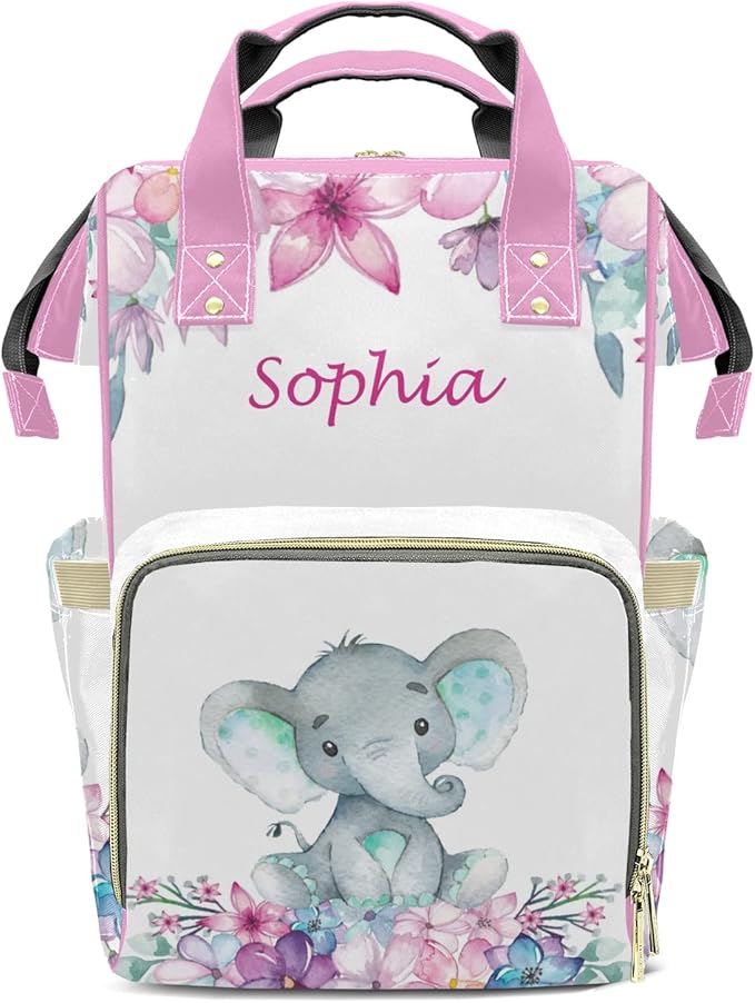 Elephant Flowers Diaper Bag Backpack Multifunction Bags with Changing Pad Unisex Stylish Travel Back Pack Nappy Custom Bag for Moms Dads 10.8"x7.8"x15.7"