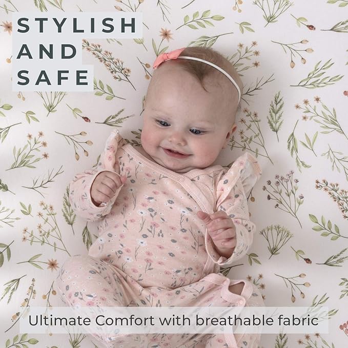 Pobibaby - 2 Pack Premium Pack N Play Sheets Fitted for Standard Pack and Plays and Mini Cribs - Ultra-Soft Cotton Blend, Stylish Floral Pattern, Safe and Snug for Baby (Zephyr)