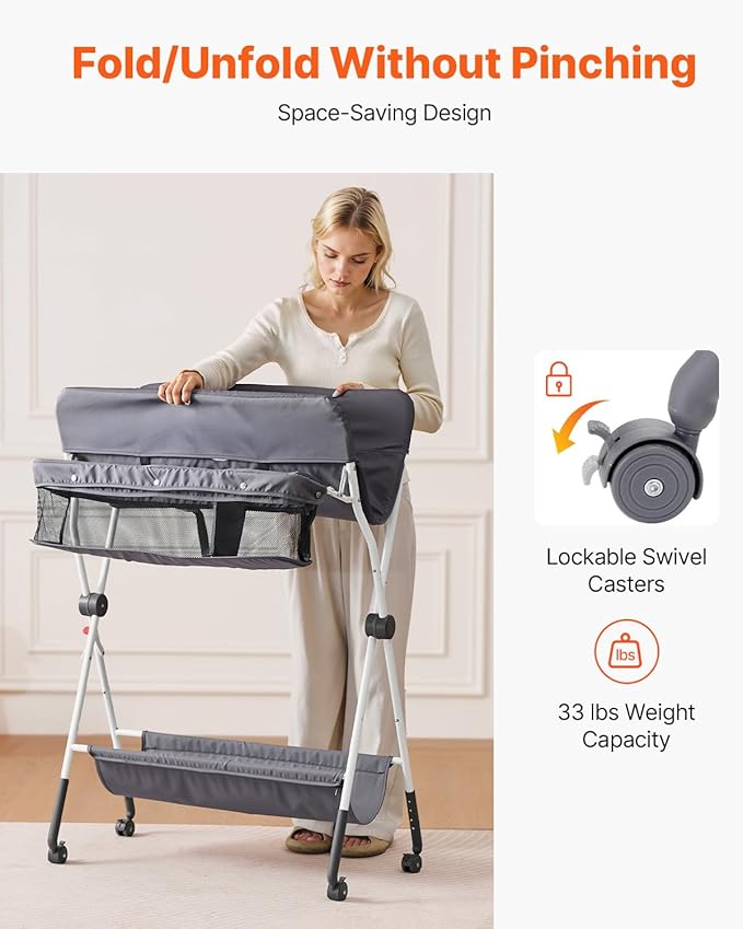 VEVOR Baby Changing Table, Foldable Diaper Change Station with Side Basket, Adjustable Height Changing Table with Lockable Wheels, Multi-Functional Nursery Storage Organizer, Dark Gray