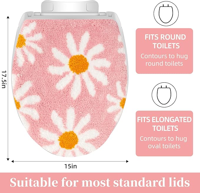 Pink Flower Bathroom Toilet lid, Cute Daisy Toilet lid Cover, Machine Washable, Beautiful and Soft Bathroom Decoration Suitable for Most Round, Oval and Long Toilet Seats (Pink)