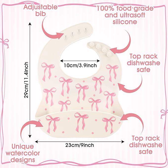 Remerry Silicone Bib for Baby Girls, Pink Waterproof Feeding Bib with Pocket Adjustable Fit for Babies and Toddlers Drooling
