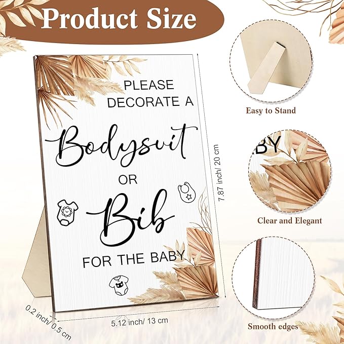Roowest 35 Pcs Baby Shower Bibs Games Design Wooden Baby Shower Party Game Sign DIY Bodysuit Sign 15 White Blank Bibs 9 Bodysuit 10 Markers for Party Supplies(Boho)
