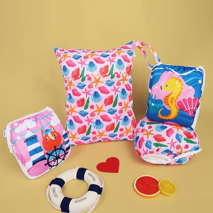 ALVABABY 3pcs Baby Swim Diapers with 1pcs Wet Bag Reuseable Washable & Adjustable for Swimming Lesson & Baby Boy and Girl 3YKL07