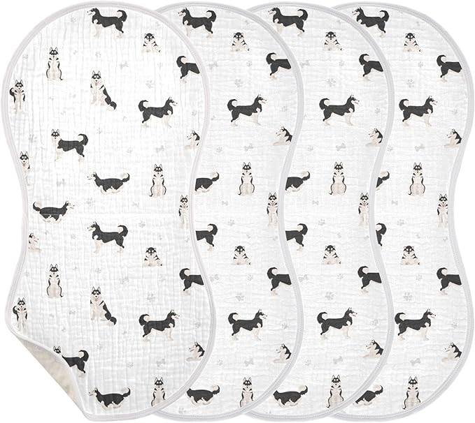 Muslin Burp Cloths for Baby Boys and Girls - 2-Pack Ultra Absorbent Siberian Husky Dog Muslin Washcloths, Newborn Towel, Milk Spit Up Rags, Burp Cloth Bibs for Unisex, 22 x 11 Inch