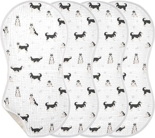 Muslin Burp Cloths for Baby Boys and Girls - 4-Pack Ultra Absorbent Siberian Husky Dog Muslin Washcloths, Newborn Towel, Milk Spit Up Rags, Burp Cloth Bib for Unisex, 22 x 11 Inch