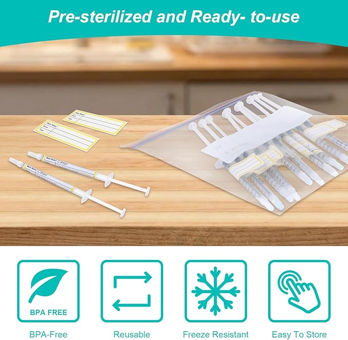 50 Sets 1ml Colostrum Syringes with Caps No Needle Colostrum Collector Kit Include 50pcs 1ml Sterile Syringes, 50 Labels, 5 Storage Bags and 1 Measuring Cup