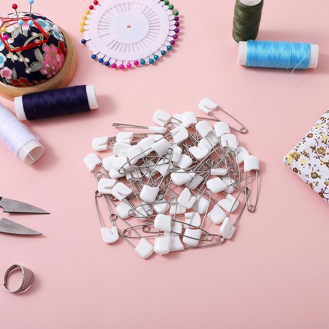 Xinjoduz 100 Pieces Diaper Pins for Cloth Diapers, 1.6 Inch Plastic Head Baby Safety Pins with Locking Closures Stainless Steel Large Diaper Nappy Pin Heavy Duty (White)