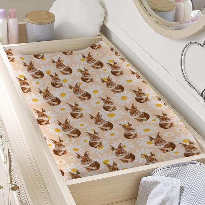 Cute Animals Floral Baby Changing Pad Covers Rabbit Bunny Daisy Diaper Change Table Sheets for Girl Boy Soft Stretch Fitted Changing Table Pad Mat Cover 32''x16''
