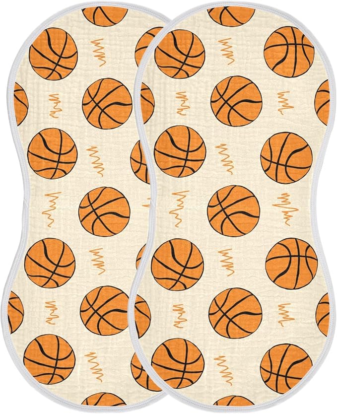 Muslin Burp Cloths for Baby Boys and Girls - 2-Pack Ultra Absorbent Basketball Muslin Washcloths, Newborn Towel, Milk Spit Up Rags, Burp Cloth Bib for Unisex, 22 x 11 Inch