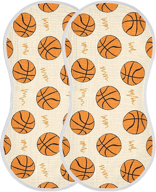 Muslin Burp Cloths for Baby Boys and Girls - 2-Pack Ultra Absorbent Basketball Muslin Washcloths, Newborn Towel, Milk Spit Up Rags, Burp Cloth Bib for Unisex, 22 x 11 Inch