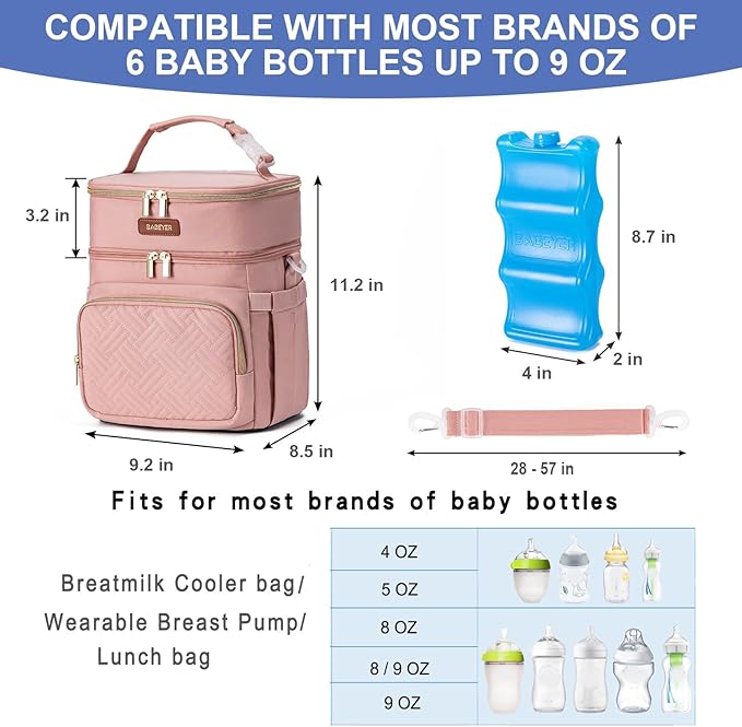 Breastmilk Cooler Bag with Ice Pack Fits 6 Baby Bottles Up to 9 Ounce