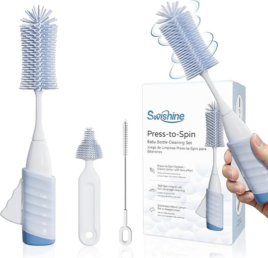 Baby Bottle Brush Set, Innovative Efficient Press-to-Spin Brush Cleaner - Includes Silicone Bottle Brush, Nipple Brush, Straw Cleaner - Spinning Generates Rich Foam for Deep Cleaning, Blue