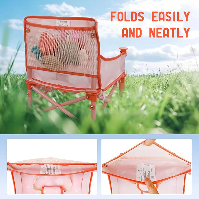 Tiny Marvels 3-in-1 Portable Baby Chair, Foldable Booster Seat with Removable Tray, Safety Harness & Carry Bag for Dining, Travel, Camping, Beach, 6M-3Y (Blush Petals)