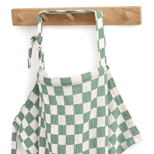 Blissful Diary Muslin Nursing Cover for Breastfeeding, Breathable Breastfeeding Cover up with Arch Neckline for Women, Nursing Apron (Sage Checkboard)