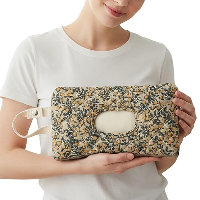 ETOYA Canvas Floral Quilted Wipe Dispenser Portable Wet Wipe Pouch for Mom(Green) (style2)