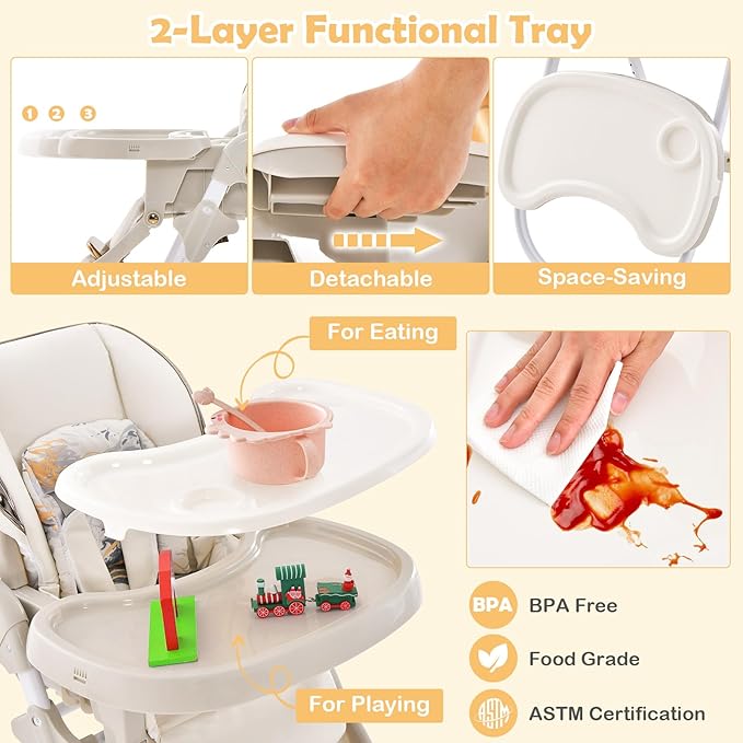 HONEY JOY Baby High Chair, Foldable High Chairs for Babies and Toddlers, Adjustable Heights, Recline Backrest & Footrest, Double-Layer Tray & Cushion, Portable Infant Highchair with Wheels (Gray)