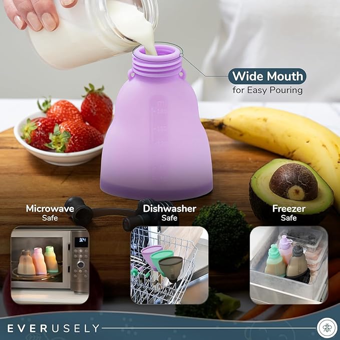 Everusely Reusable Baby Food Pouches for Toddlers - 2 Pack, 6 oz/180 ml, Lavender - Squeezable Silicone Food Pouch - Refillable, Leakproof, Spill Proof Puree Containers - BPA Free - Dishwasher Safe