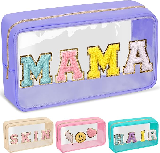 Chenille Letter Clear Makeup Bag with Zipper and Waterproof Nylon Material
