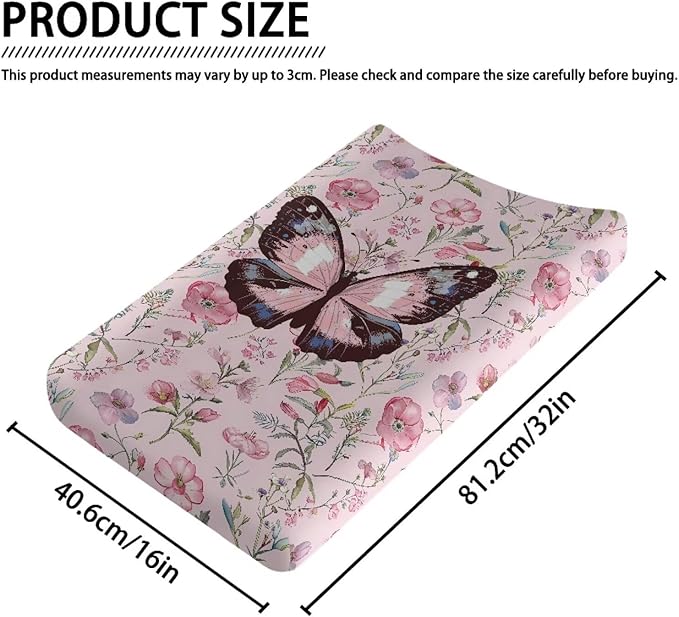 Pink Rose Butterfly Change Pad Covers, Water Resistant Baby Diaper Change Table Covers Soft Contoured Pad Covers for Newborn Baby Boys Girls