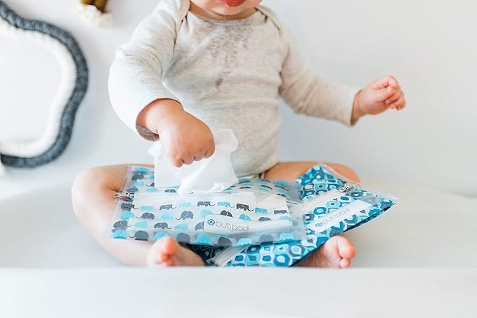 Butipods Reusable Stay Moist Wet Wipe Pouch | Slim Case Travel Holder | Great for Hand and Face Wipes | Set of 2 (Blue Elephants & Ogees)