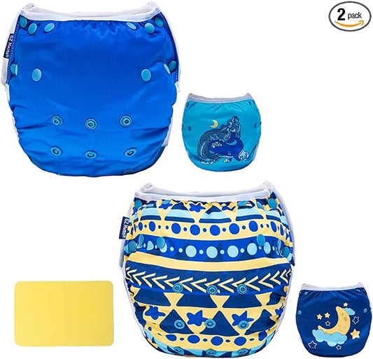 EZ Moms Baby Swim Diapers Reusable 2Pcs Large Size Snap Adjustable Washable One Size Toddler Swim Diaper with a Shammy Towel for Baby Boy Water Diaper Waterproof Swimming Diapers for Swimming Lessons
