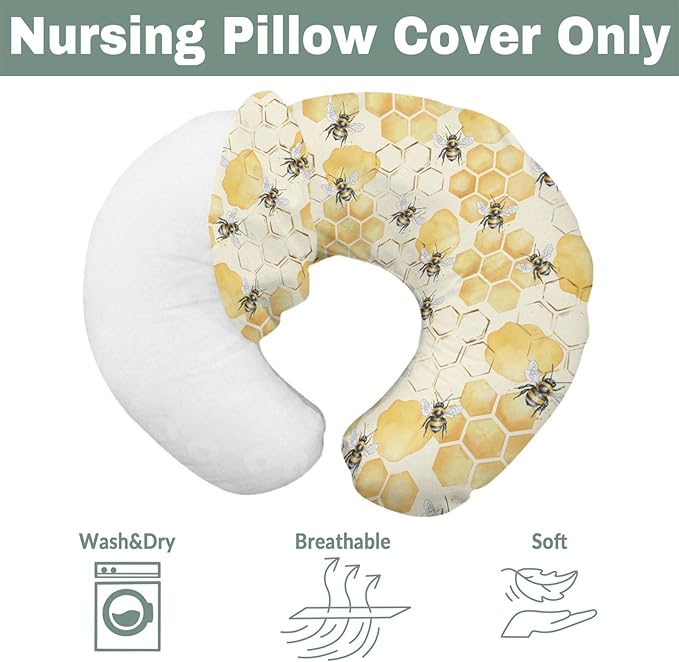 Honeycomb Bees Baby Nursing Pillow Covers for Boy Girl Yellow Bee Honey Nursing Pillow Slipcovers for Breastfeeding Pillows Spring Summer Soft Stretchy Removable Covers for Newborn Infant