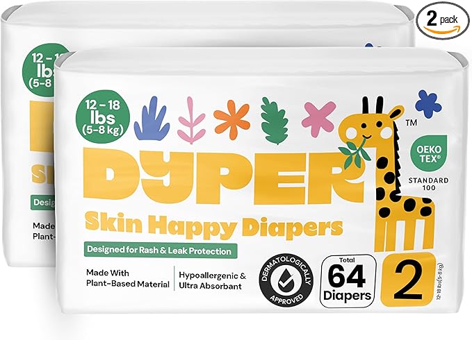 DYPER - Pack of 2 Baby Diapers Size 2 (64 Count) - Leak Proof, Plant Based, Hypoallergenic & Ultra Absorbent Disposable Diaper for Day & Overnight, Skin-Friendly Comfort Size 2 Diapers (12-18 lbs)
