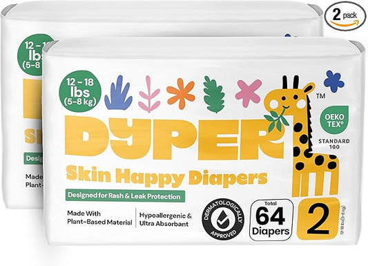 DYPER - Pack of 2 Baby Diapers Size 2 (64 Count) - Leak Proof, Plant Based, Hypoallergenic & Ultra Absorbent Disposable Diaper for Day & Overnight, Skin-Friendly Comfort Size 2 Diapers (12-18 lbs)