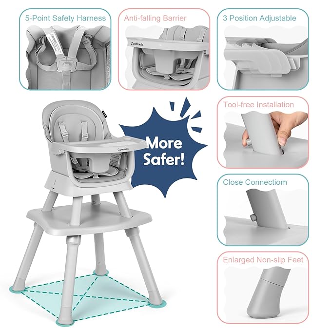 Cowiewie 8 in 1 Baby High Chair for Babies & Toddlers Table and Chair Set Building Block Table Highchair with Safety Harness, Removable Tray（Wavy）