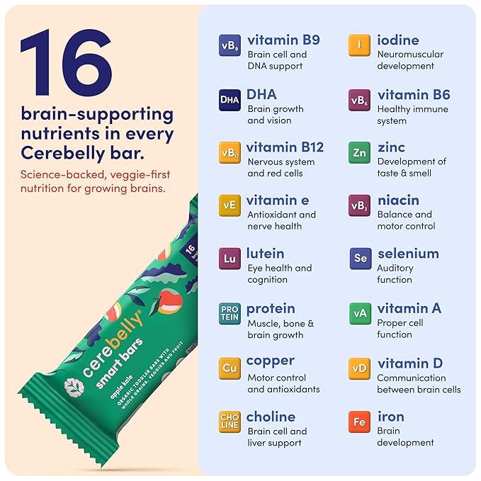 Cerebelly Organic Toddler Smart Bars Variety Pack 40-Count, 16 Brain-Supporting Nutrients, No Added Sugar, Gluten Free, Nut Free, Kids Snacks