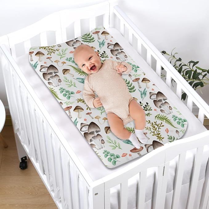 Mushrooms Forest Changing Pad Covers Watercolor Mushroom Green Leaves Diaper Changing Table Sheets for Girl Boy Wild Plant Soft Breathable Stretch Fitted Baby Change Table Mats 32''x16''