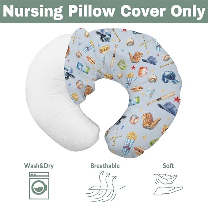 Baseballs Patriotic Baby Nursing Pillow Covers for Boy Girl 4th of July Baseballs Bats Hats Nursing Pillowcase for Breastfeeding Pillows American Sports Soft Stretchy Slipcovers for Newborn Infant